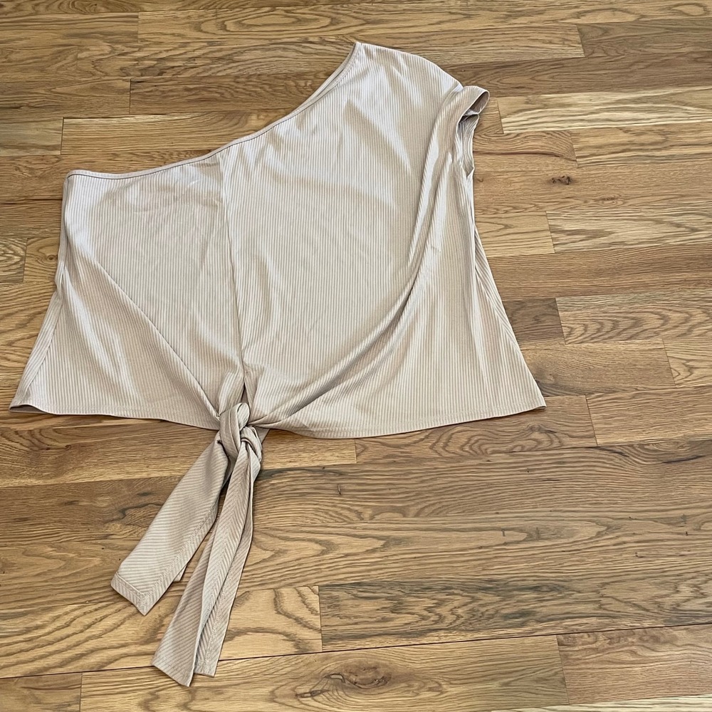 Terea by Andrea Pitter Womens 4X One Shoulder Ribbed Tie Front Top Beige Tan NEW